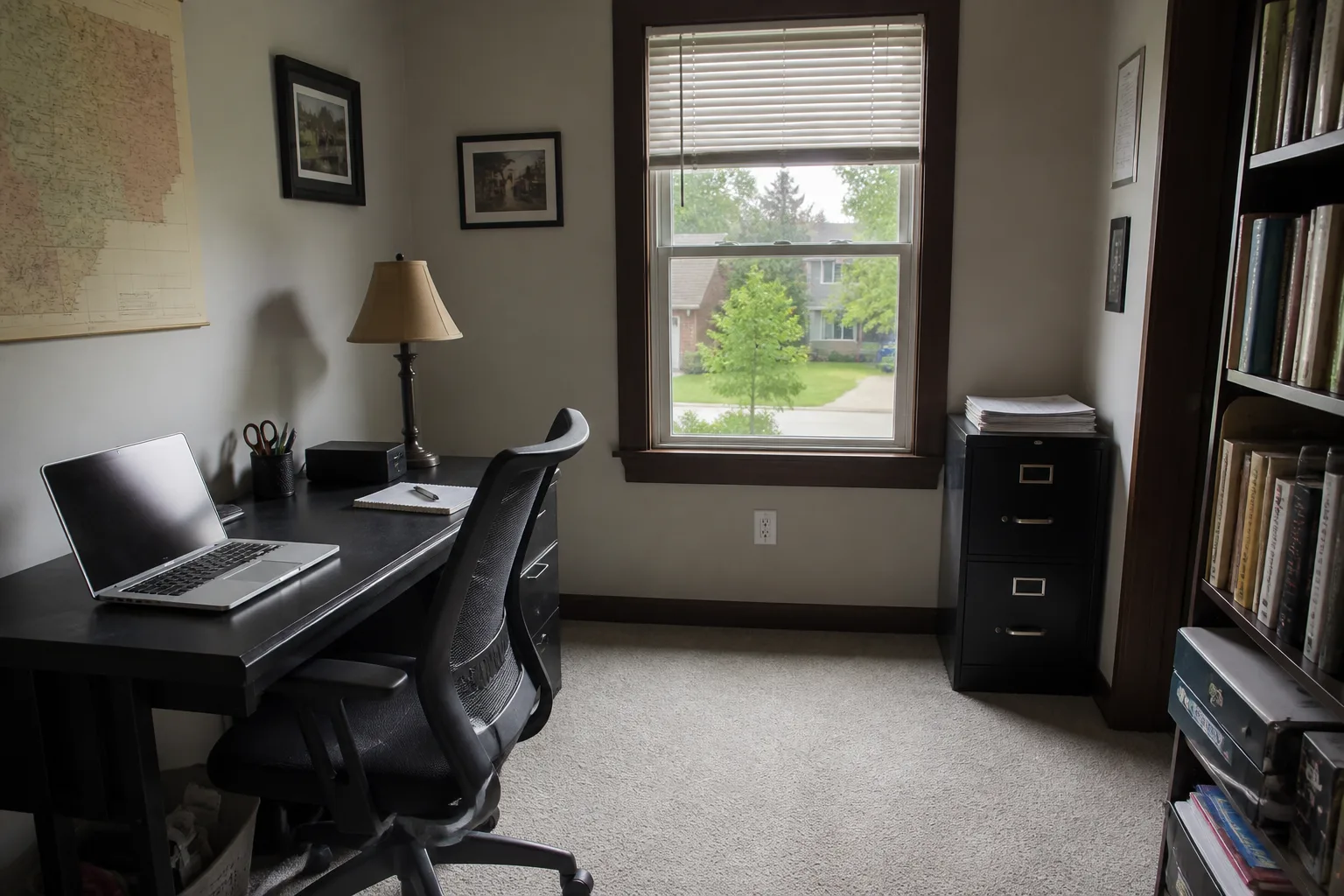Defined workspace and walking path inside an Indiana home office