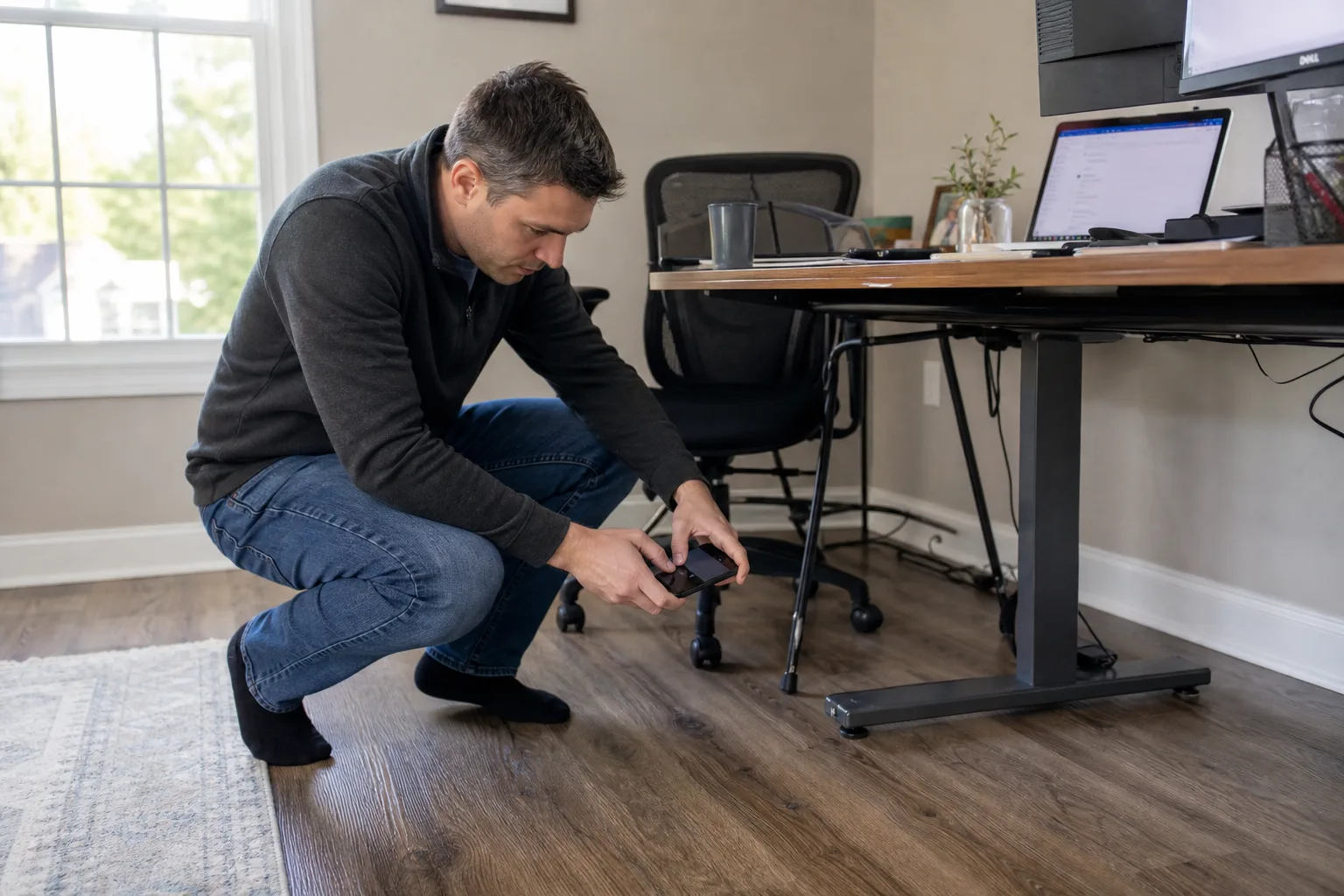Remote worker documenting the home workspace after an incident