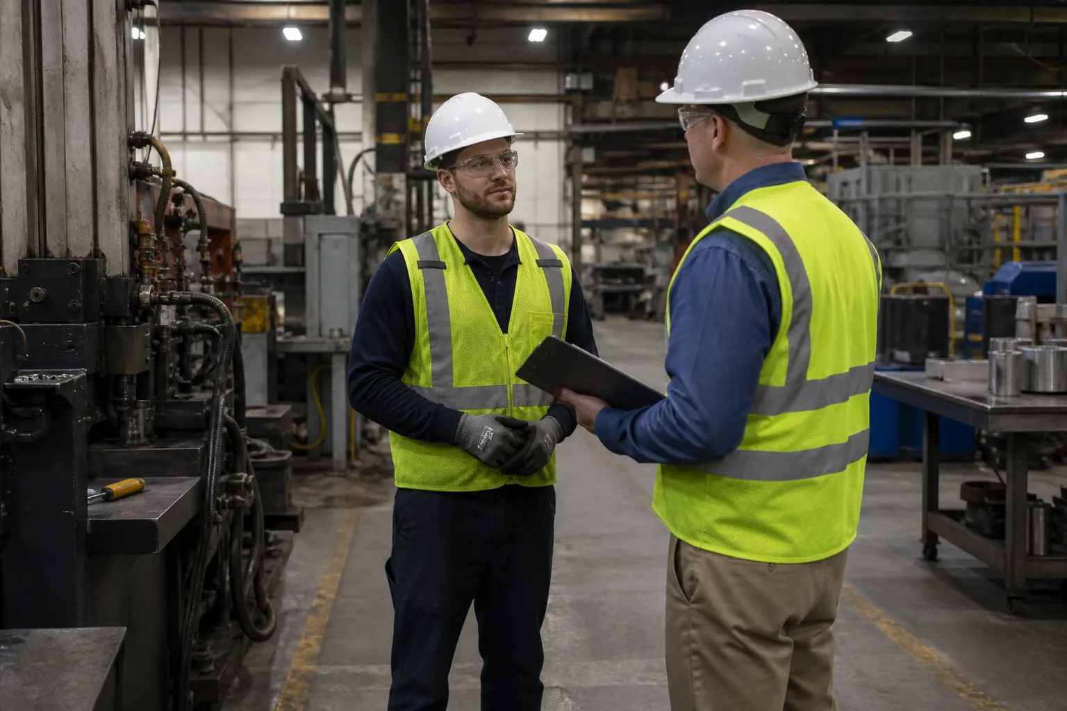 Site supervisor giving work instructions to a temporary employee in an Indiana factory