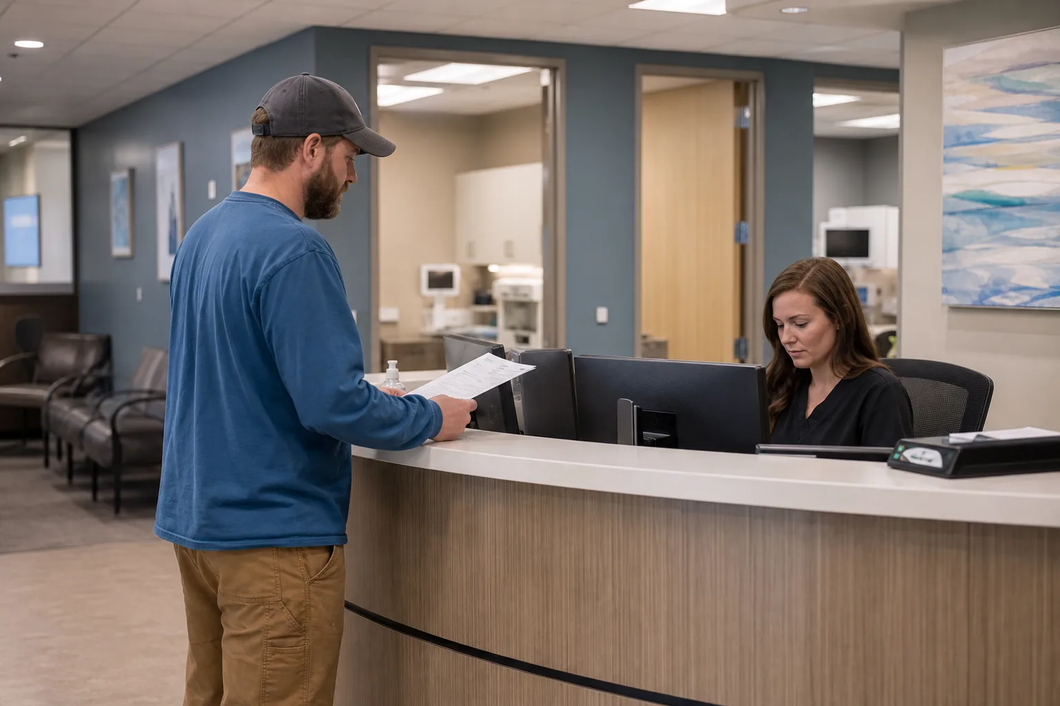 Worker checking in with claim paperwork for authorized medical care