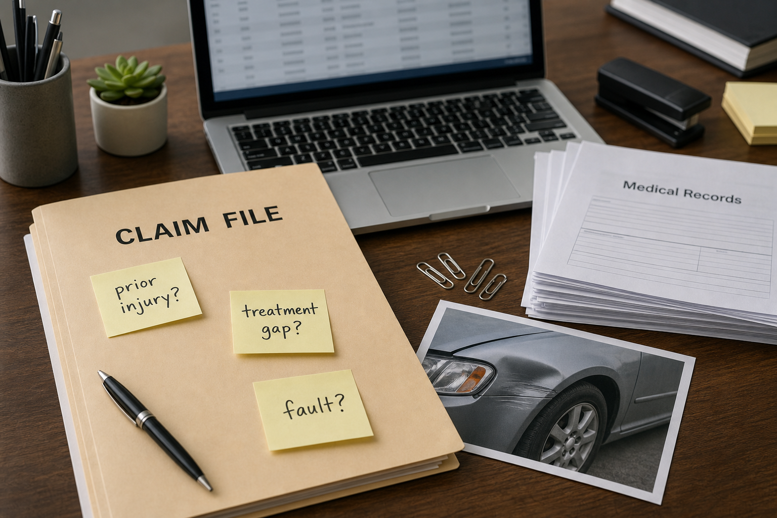 Insurance claim file showing common arguments about prior injuries and treatment gaps