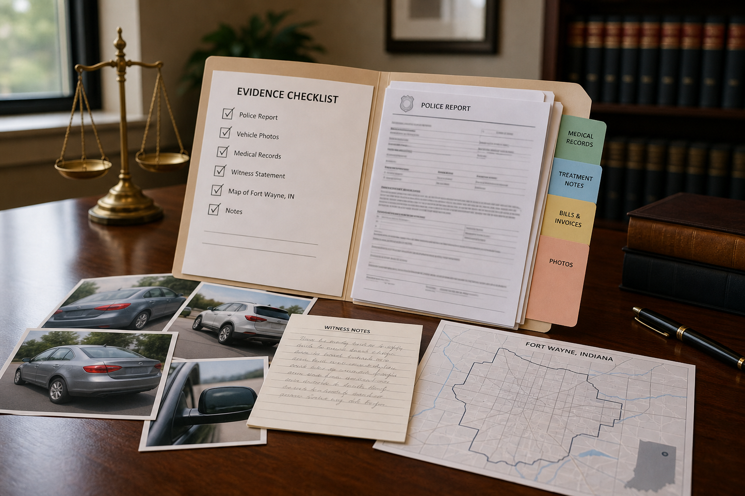 Fort Wayne car accident evidence checklist with photos medical records and witness notes