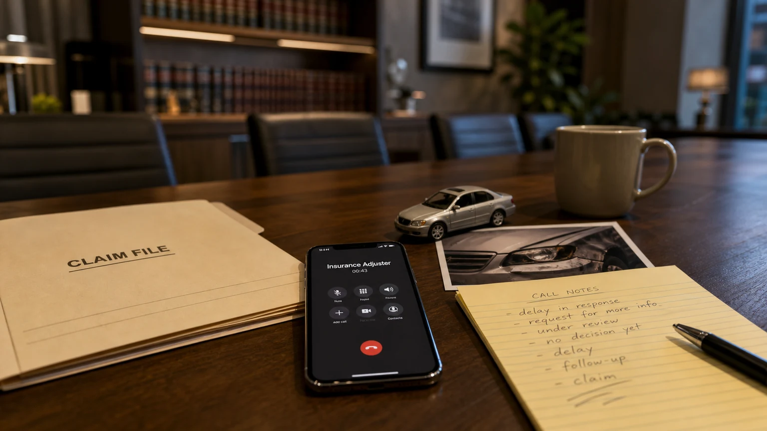 Notebook with adjuster call notes and claim number for an Indiana insurance dispute