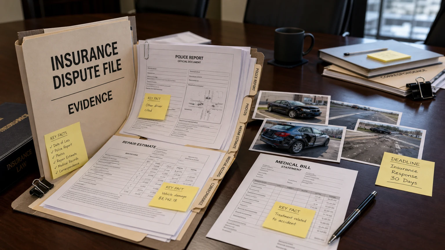 Folder of crash photos medical bills and repair estimates for a denied Indiana car accident claim