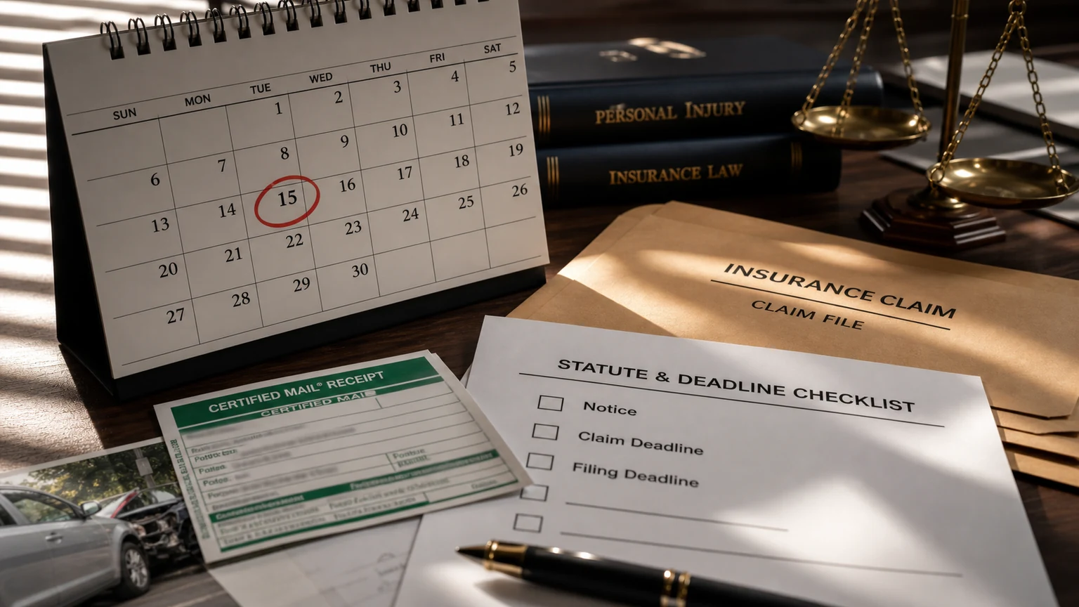 Calendar with Indiana injury claim deadline circled beside insurance denial paperwork