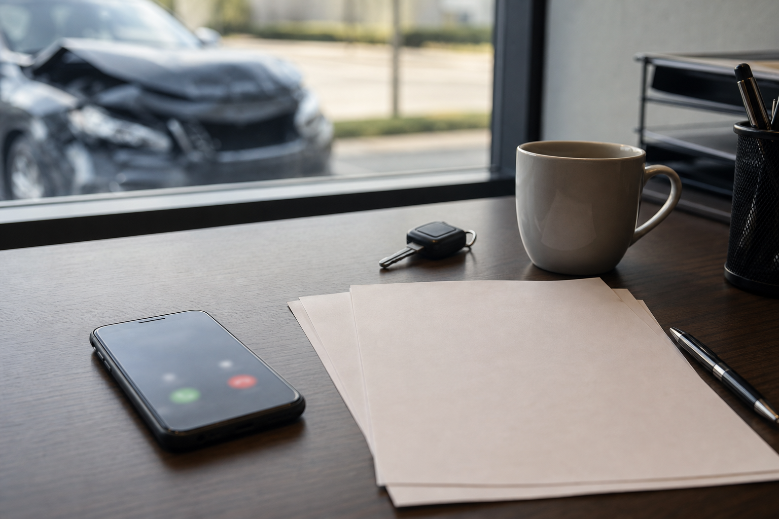 Phone and blank claim notes representing repeated insurance adjuster calls