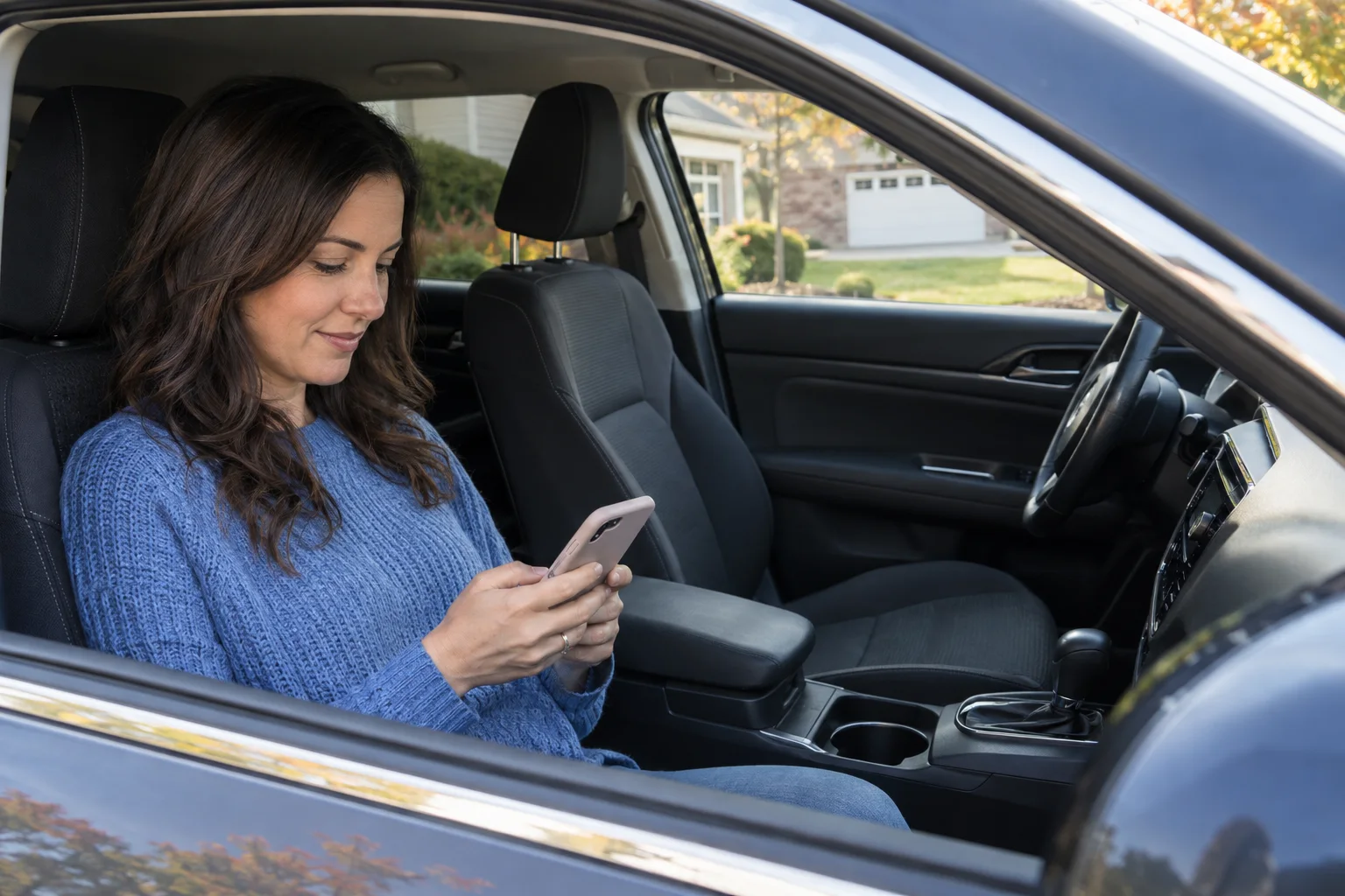 Passenger reviewing a phone in a safely parked sedan
