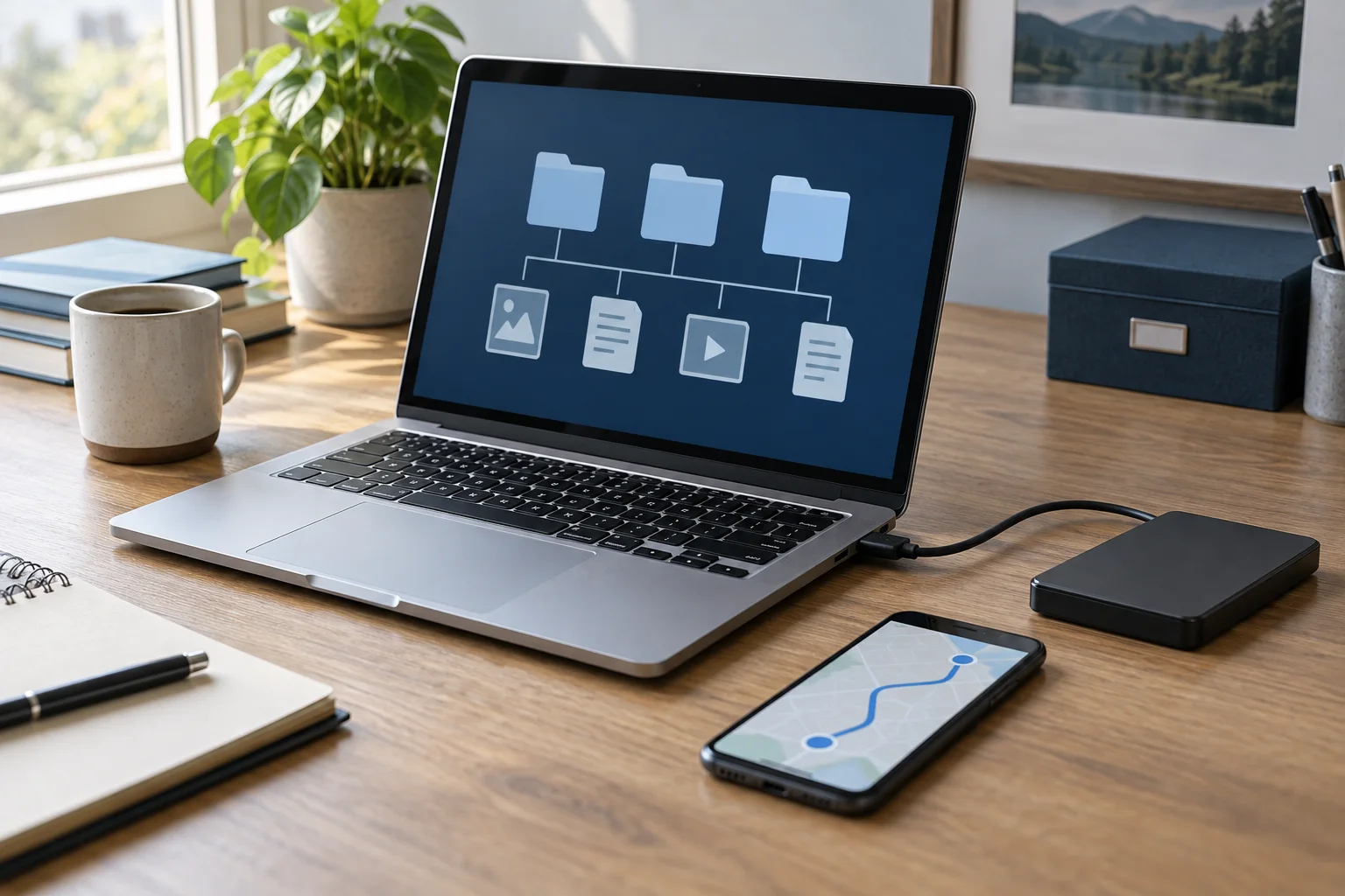 Laptop and phone on a desk used to organize original trip files