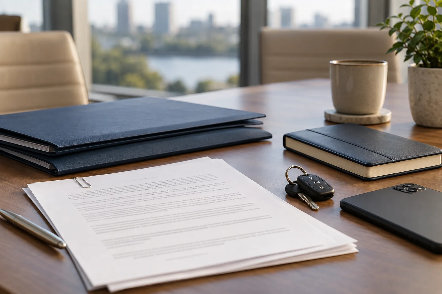 Organized folders, phone and car keys prepared for a private case review