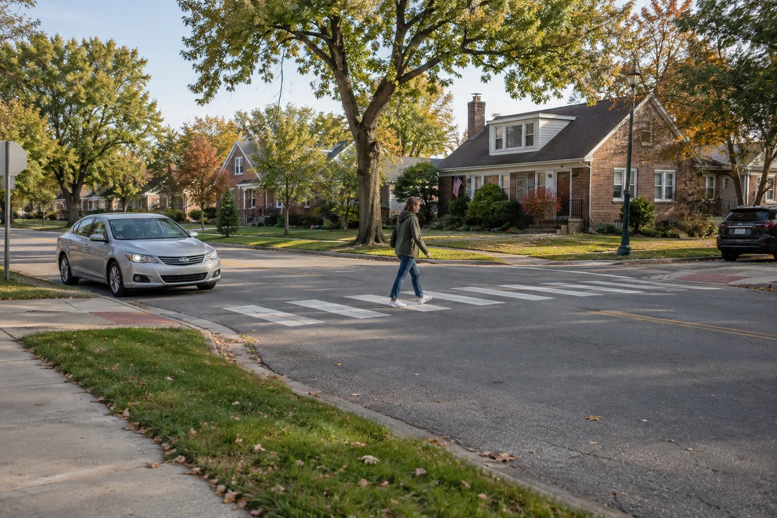 Neighborhood intersection with a marked crossing and stopped vehicles