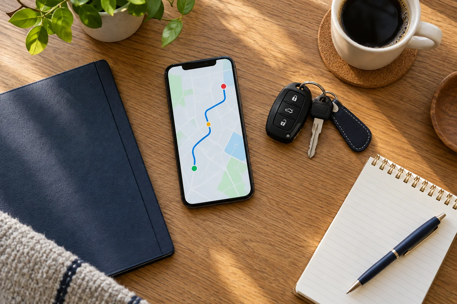Phone, car keys and a document folder arranged for reviewing driving-app records
