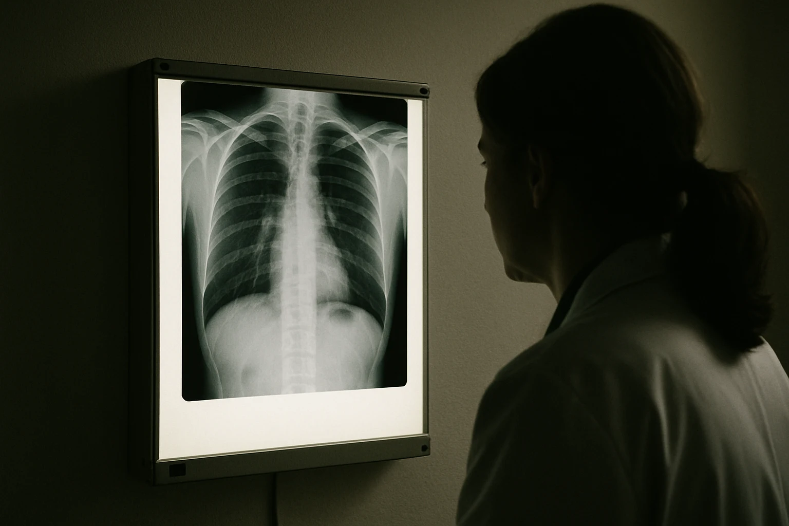 A chest X-ray displayed on a screen at a Fort Wayne hospital showing rib fractures and lung trauma