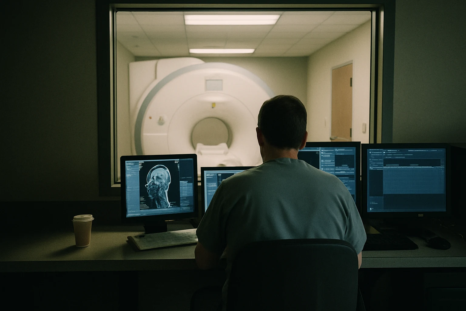 An MRI scanner control room at a Fort Wayne imaging center with a technician at the console