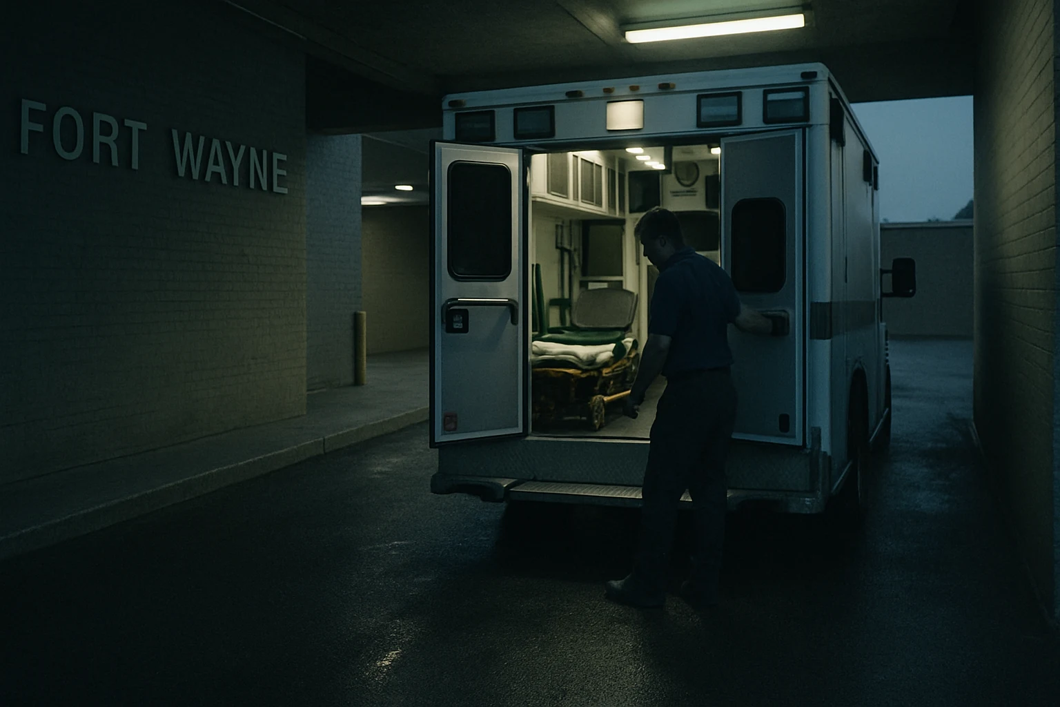 An ambulance backed into a Fort Wayne emergency department bay at dusk after a crash transport