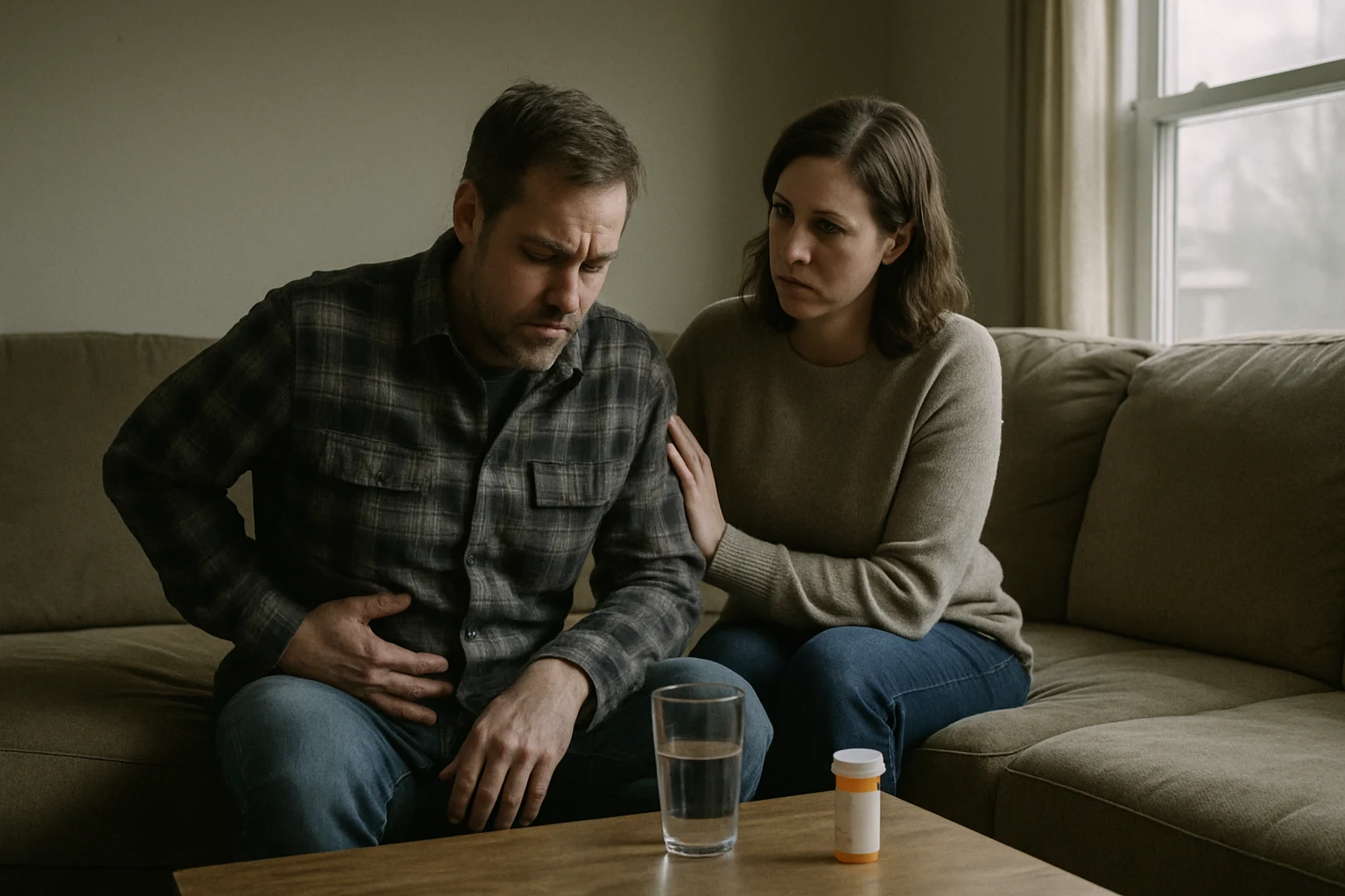 A man on a couch holding his side with worried family member checking on him after delayed crash symptoms