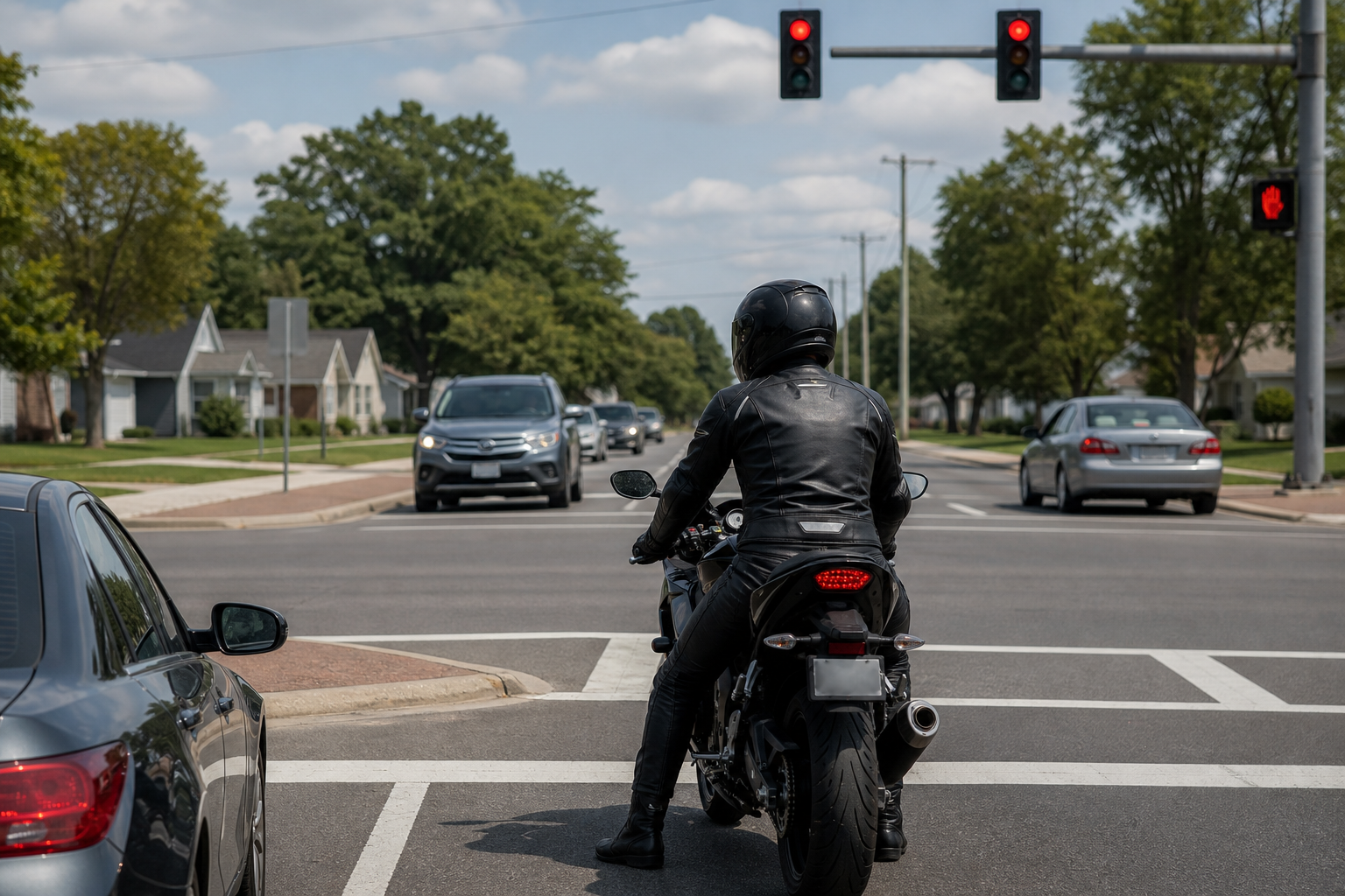 Motorcycle stopped at Indiana intersection with cars nearby