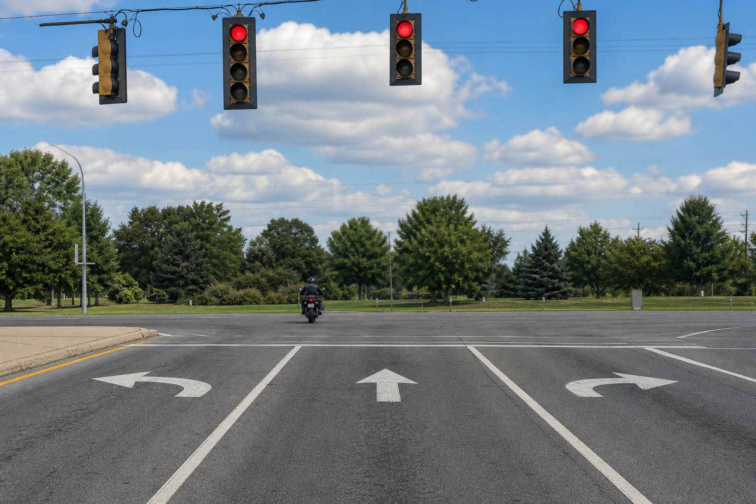 Traffic signal and turn lane at Indiana motorcycle intersection crash scene