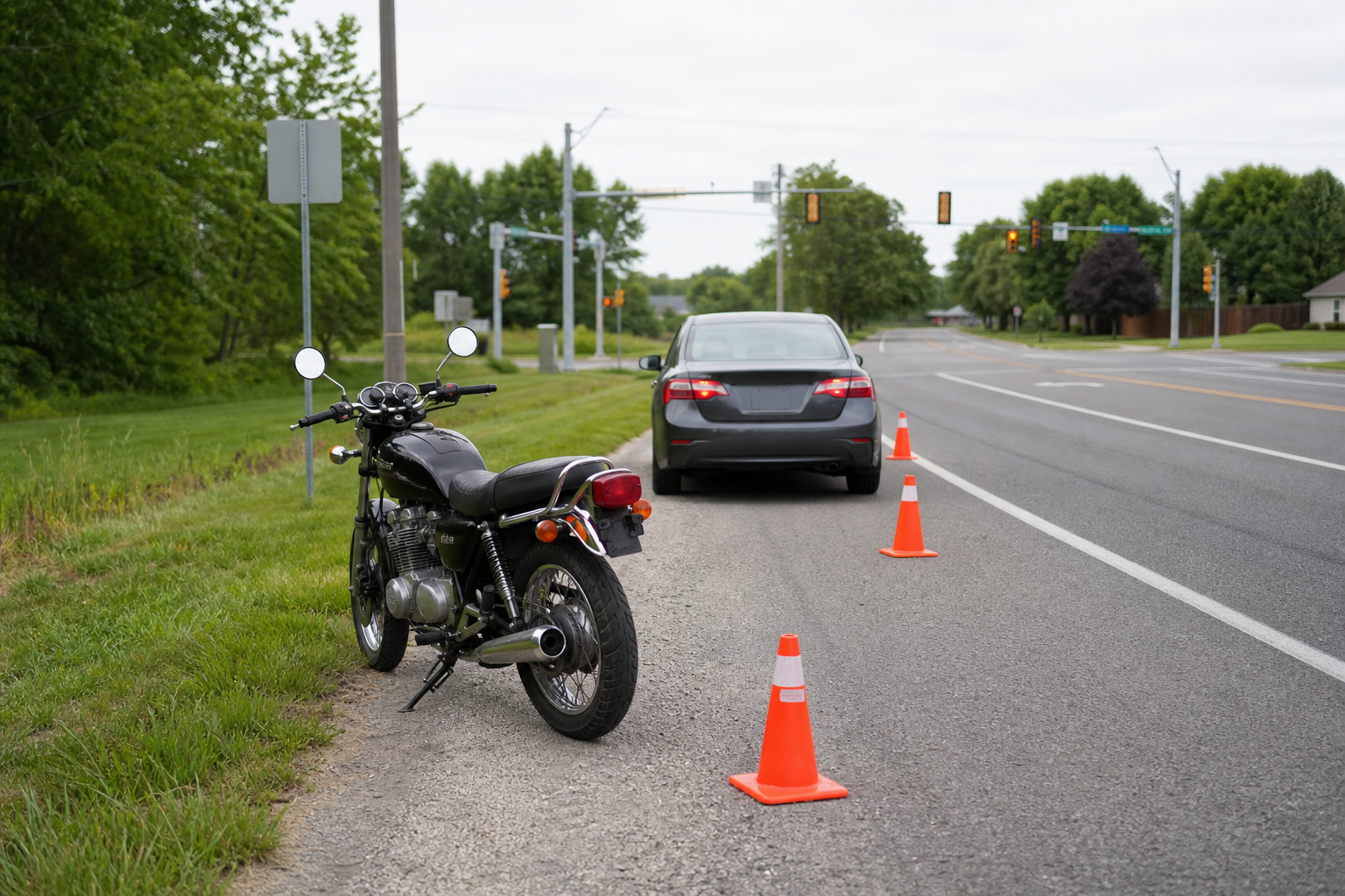 Motorcycle and car pulled over after Indiana intersection crash evidence scene