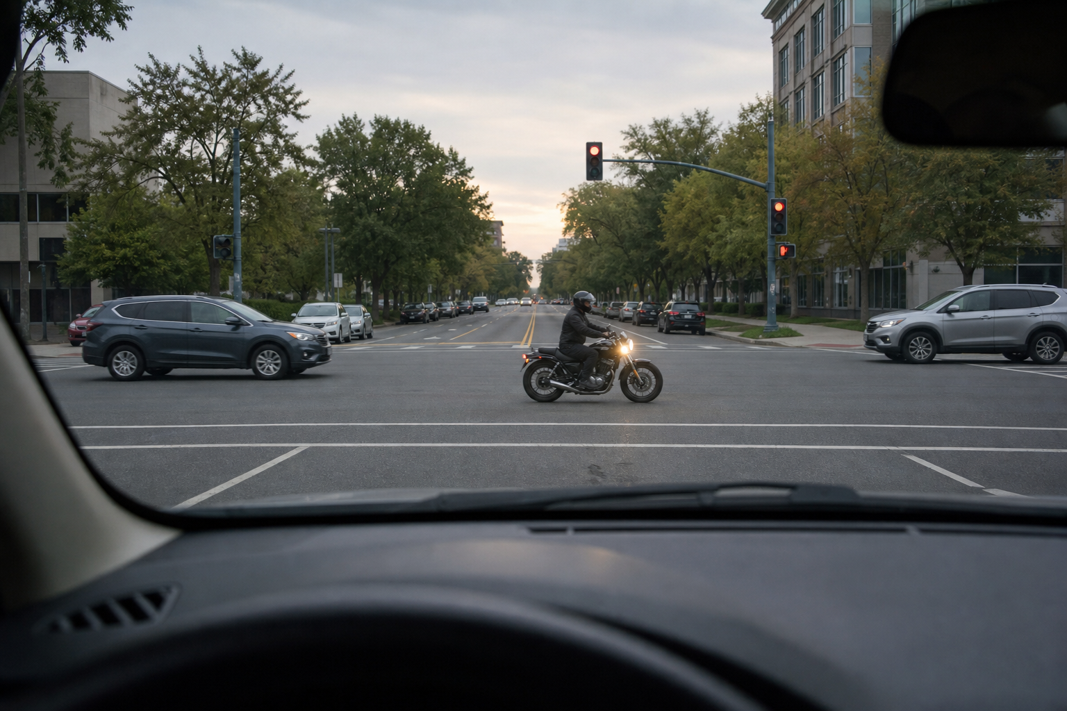 Driver view of motorcycle headlight in cross traffic at intersection