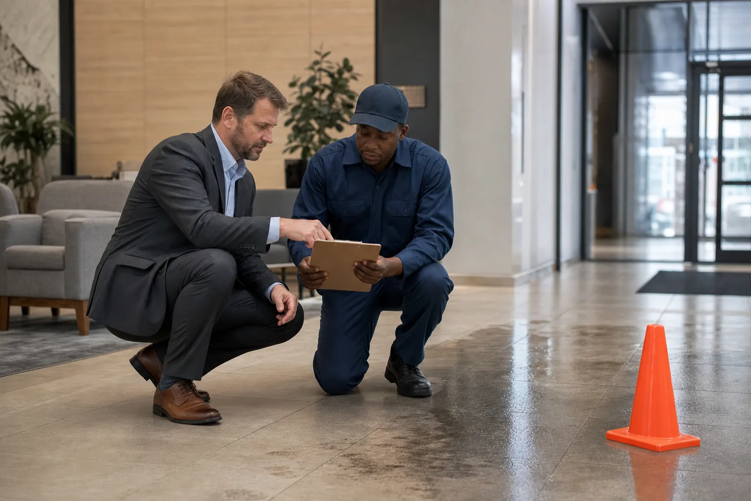 Property manager and maintenance worker inspecting a floor condition in a Fort Wayne building