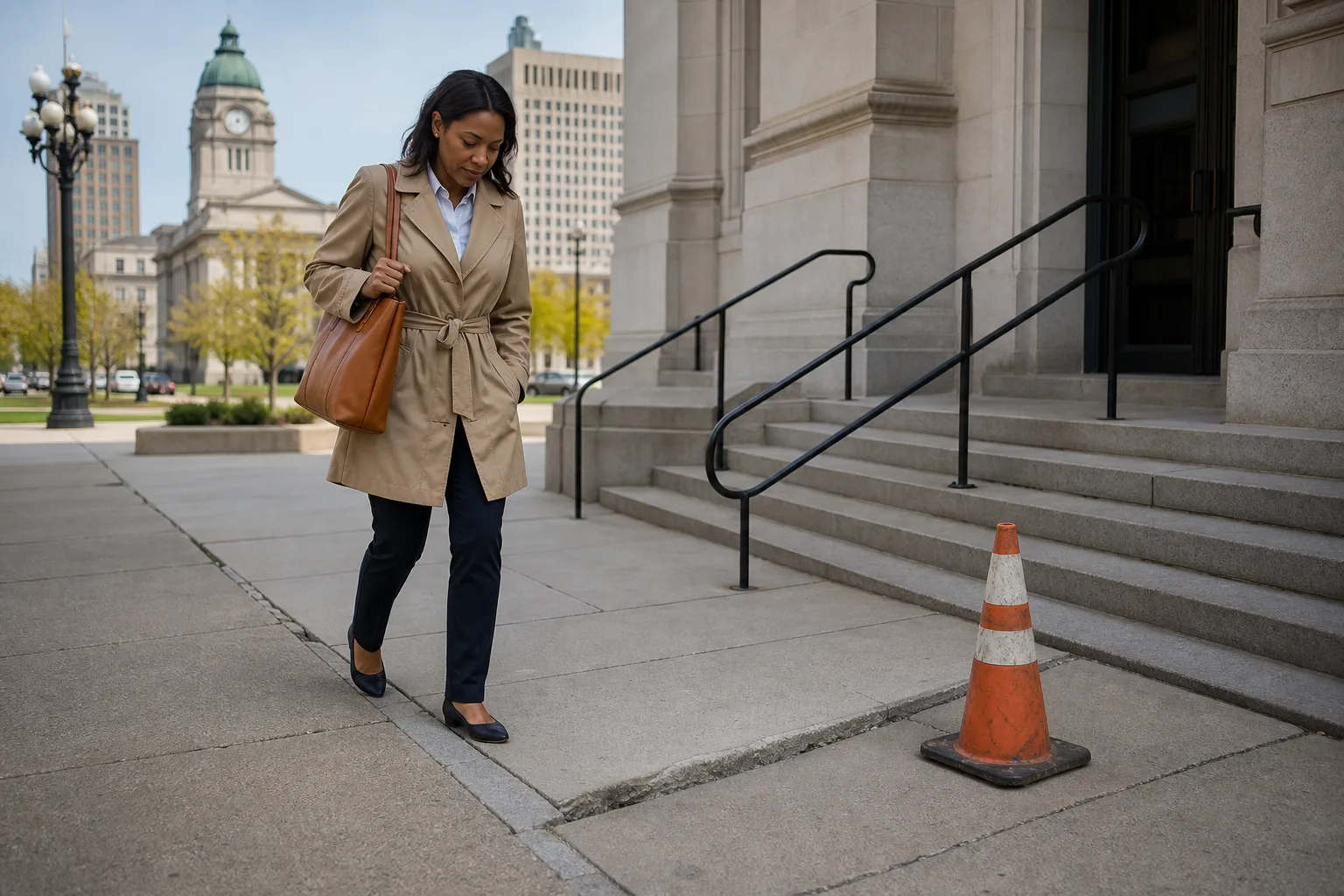 Pedestrian noticing an uneven sidewalk edge outside a public building in downtown Fort Wayne