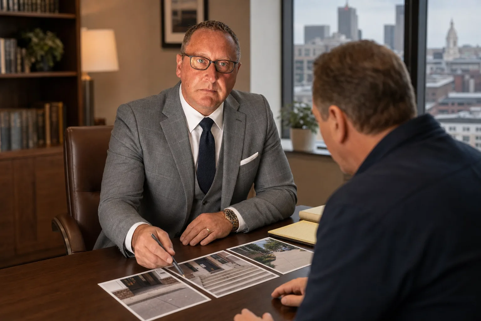 Attorney Chad Delventhal reviewing property-condition photographs with a client in Fort Wayne