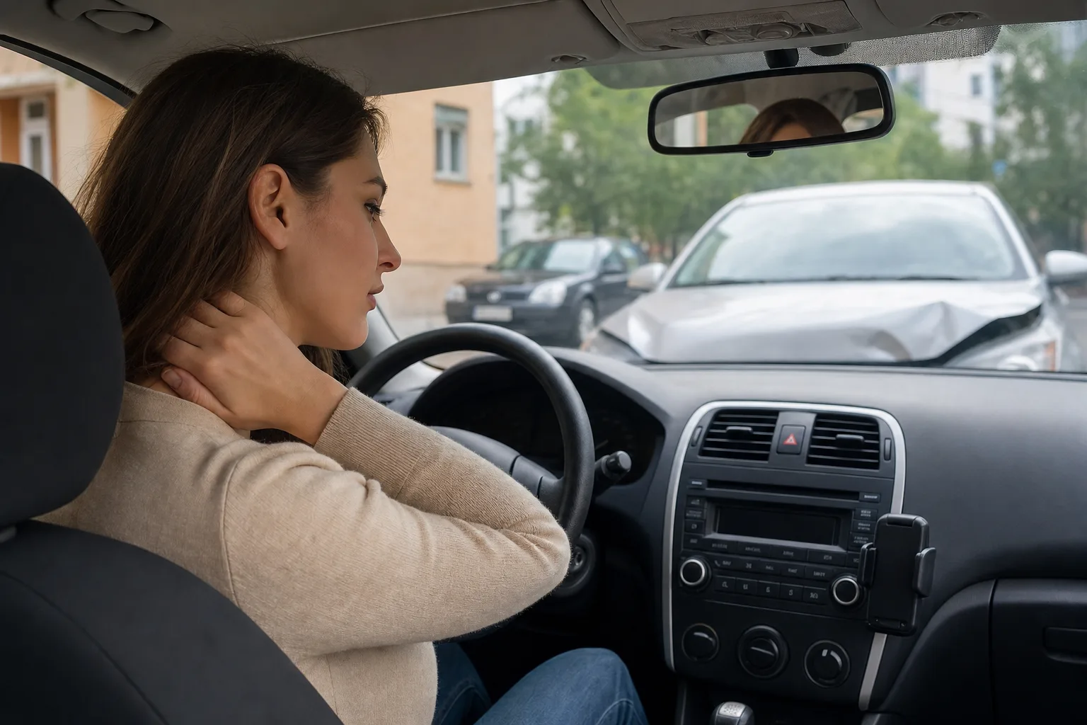 A driver sitting in a car holding their neck after a low-speed collision