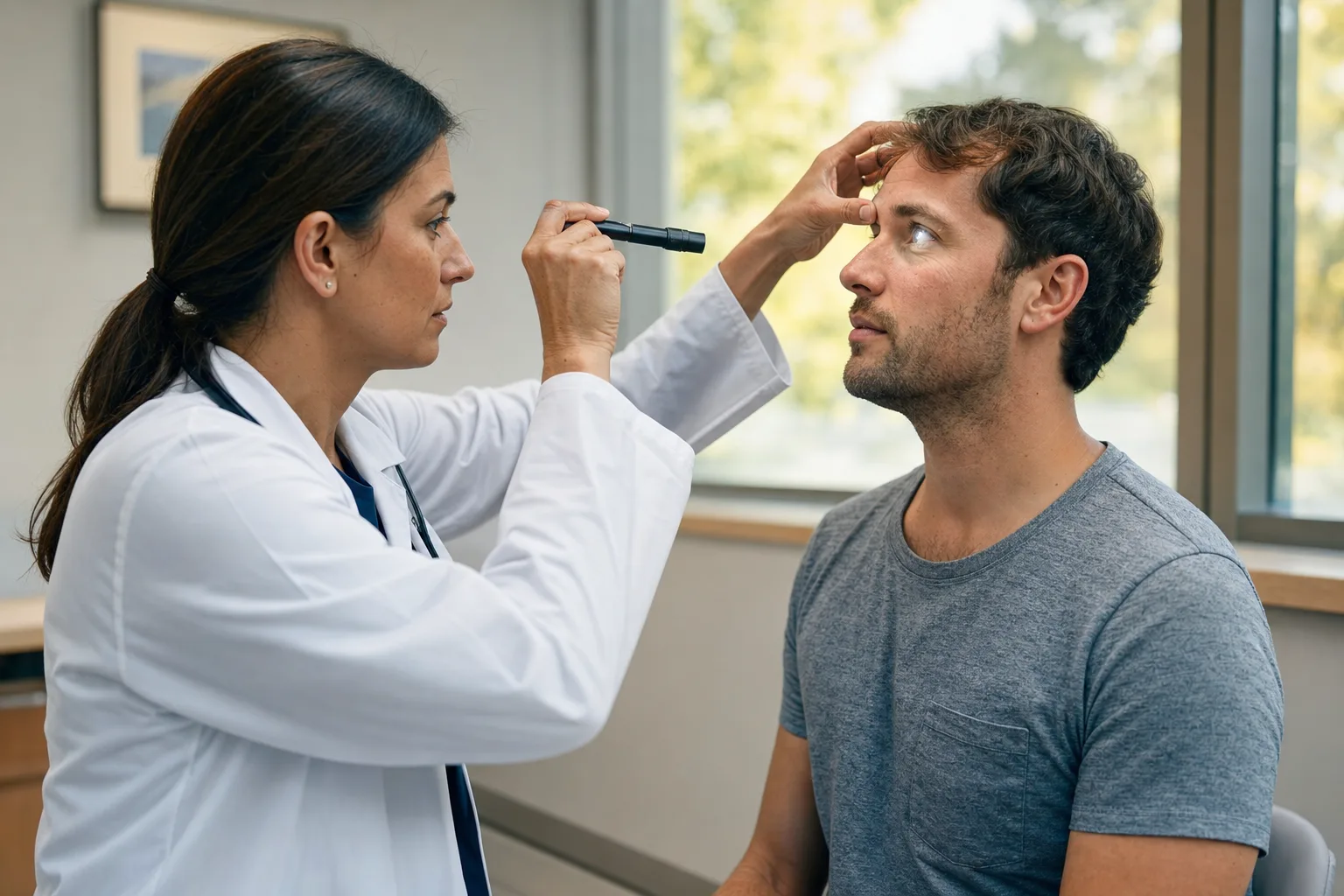 A doctor checking a patient's eyes during a concussion evaluation