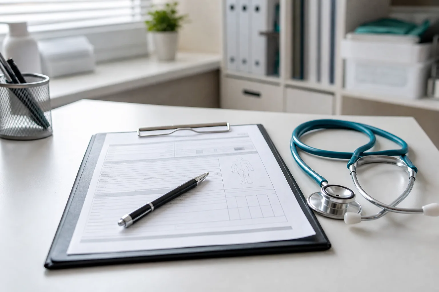 Medical records and a clipboard on a clinic desk representing early injury documentation