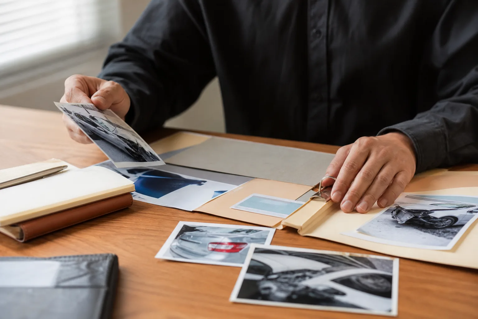 Hands organizing evidence and documentation that support a personal injury claim