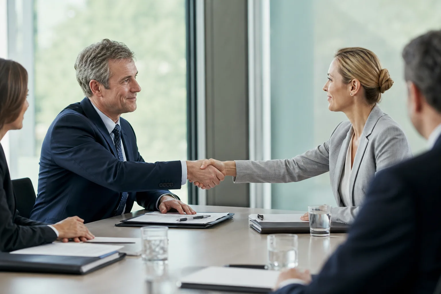 Handshake at the end of a personal injury settlement negotiation before trial