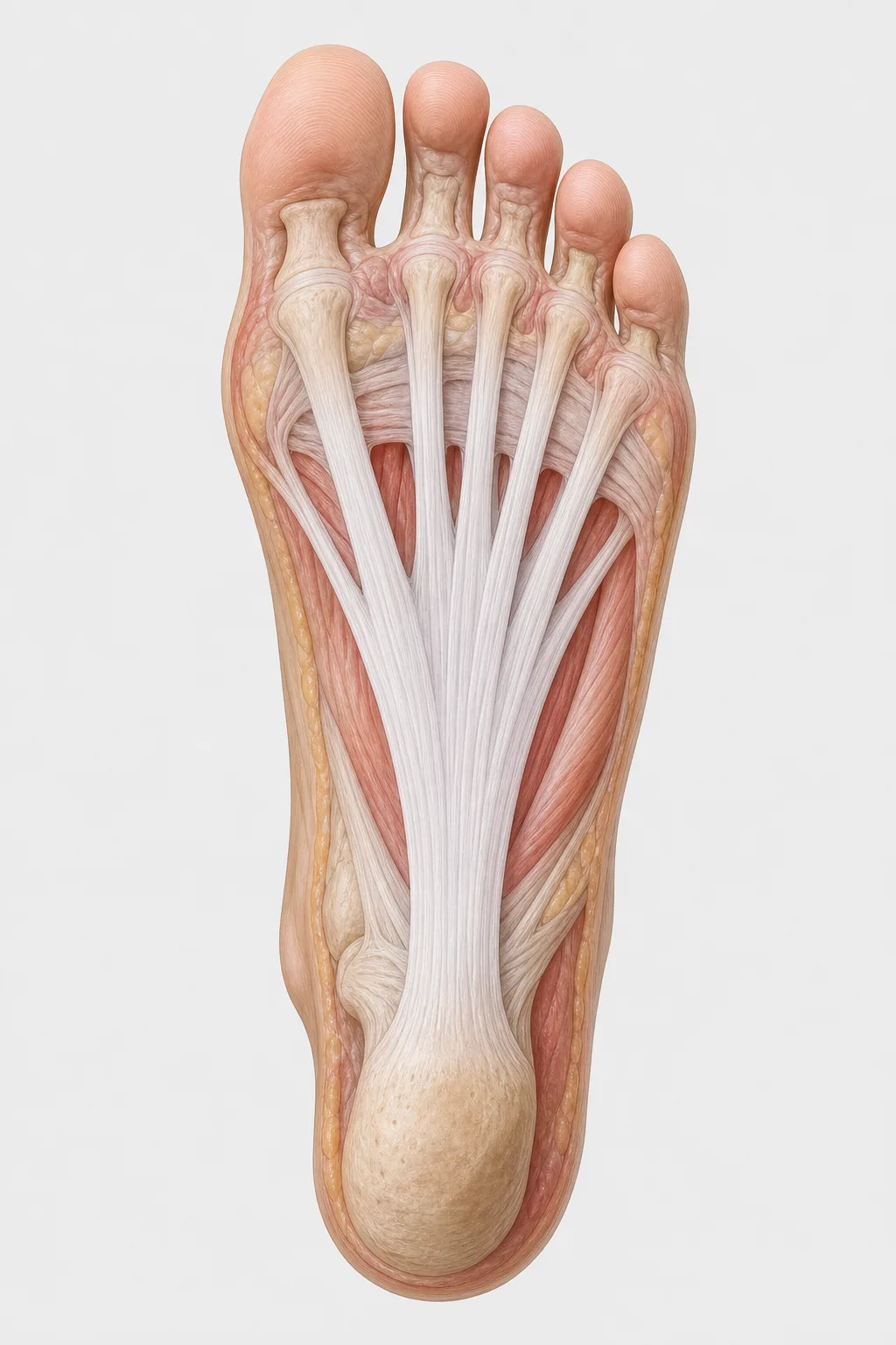 Illustration of the plantar fascia along the bottom of the foot from heel to toes