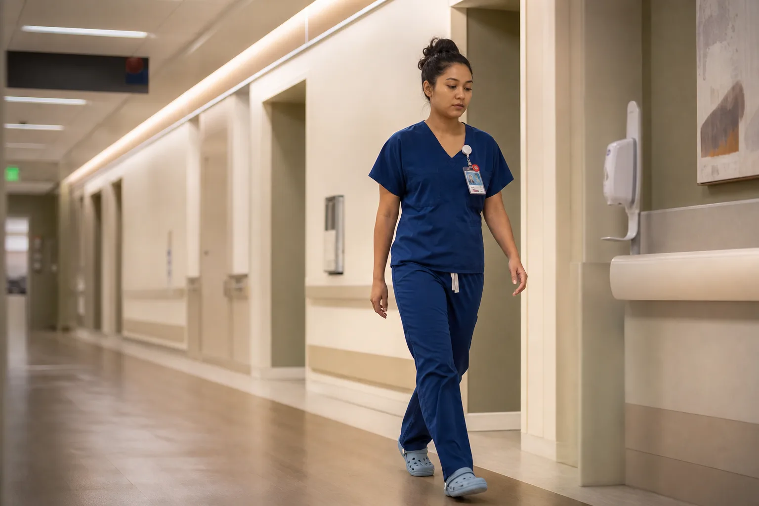 Healthcare worker walking a hospital hallway during a long shift on her feet
