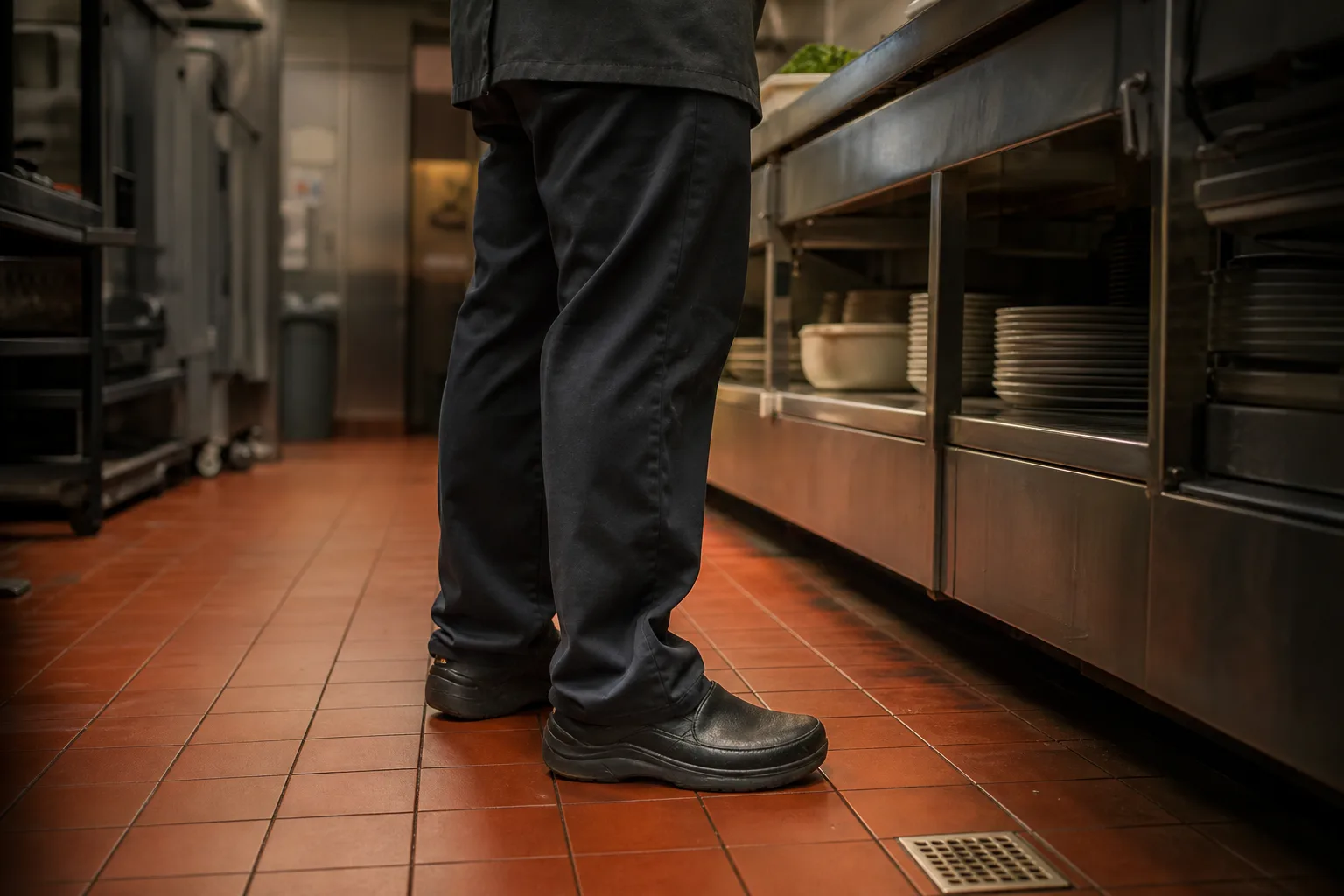 Kitchen worker standing on a hard tile floor during a long shift