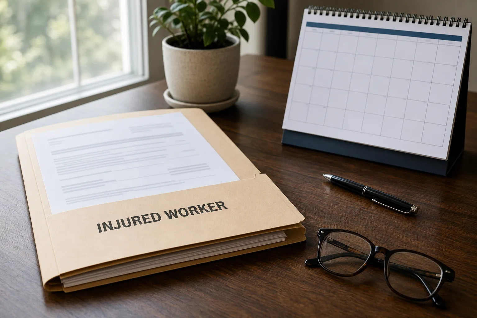 Calendar and claim paperwork on a desk representing Indiana workers' comp reporting and filing deadlines