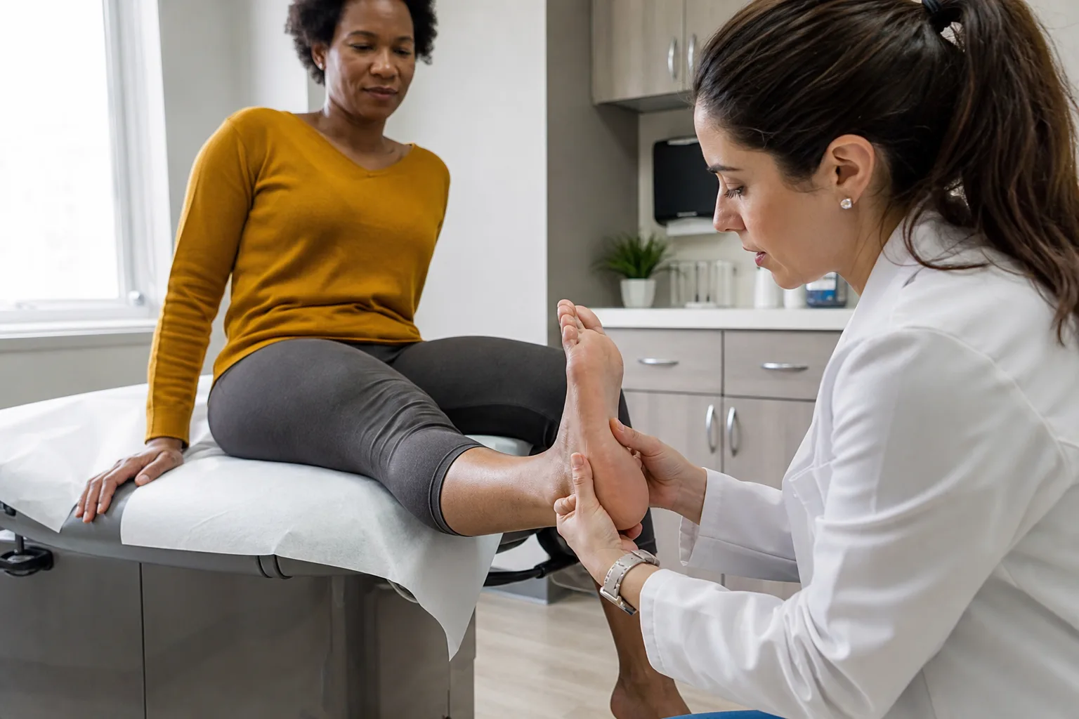 Healthcare provider examining a patient's heel during a plantar fasciitis evaluation