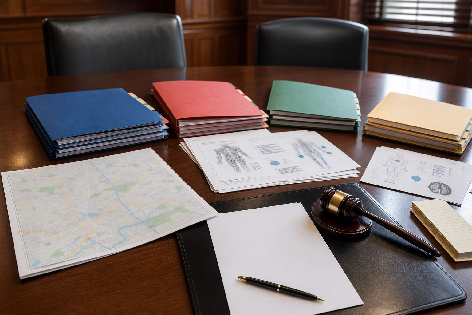 Insurance policy limits documents beside medical bills and pain journal