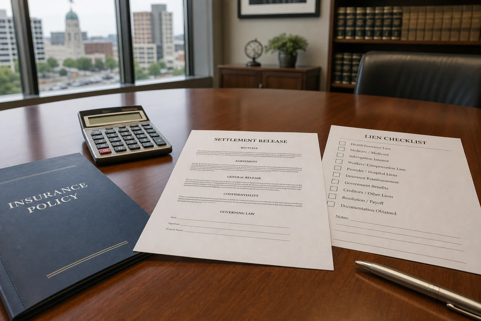 Attorney desk reviewing Indiana damages caps and settlement documents