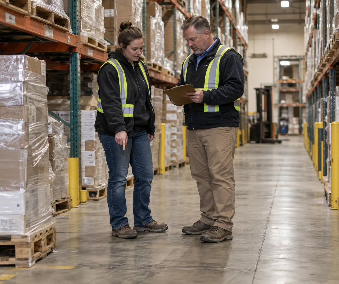Worker and supervisor documenting a knee injury location in an Indiana warehouse