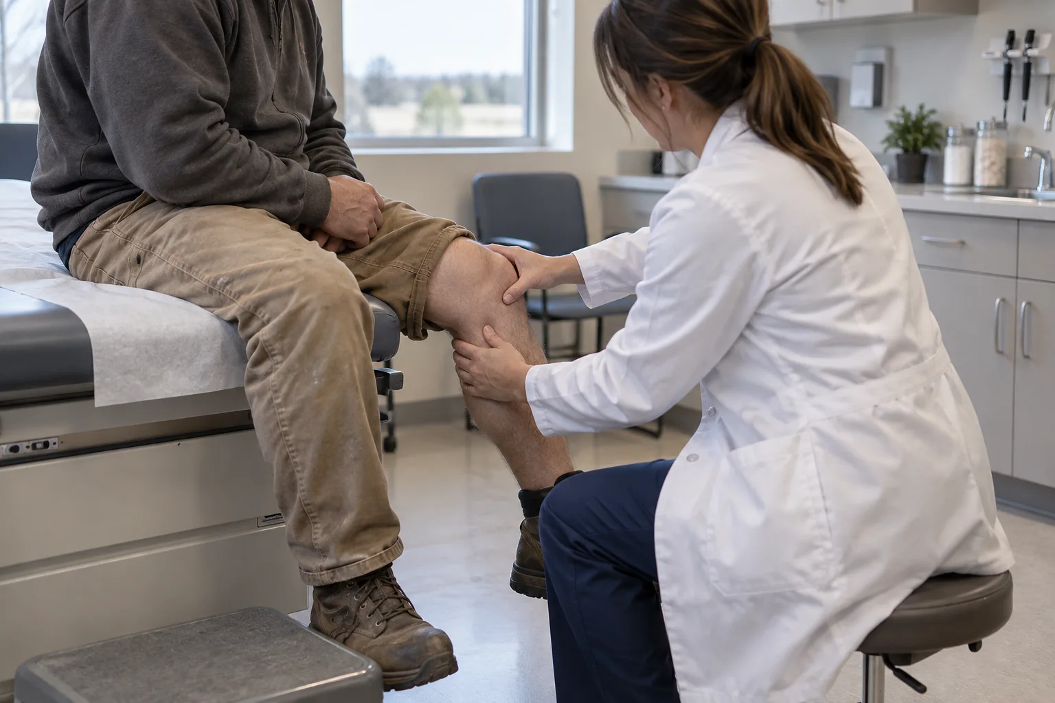 Clinician examining a worker's knee in an Indiana medical office