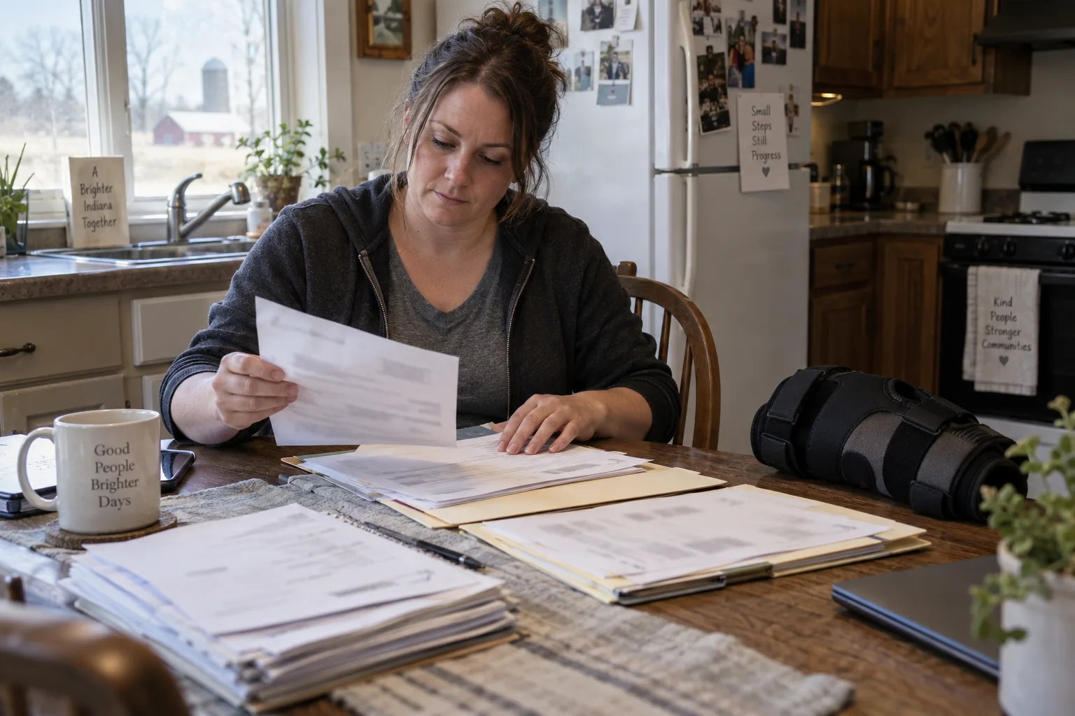 Indiana worker organizing knee-injury medical and employment records