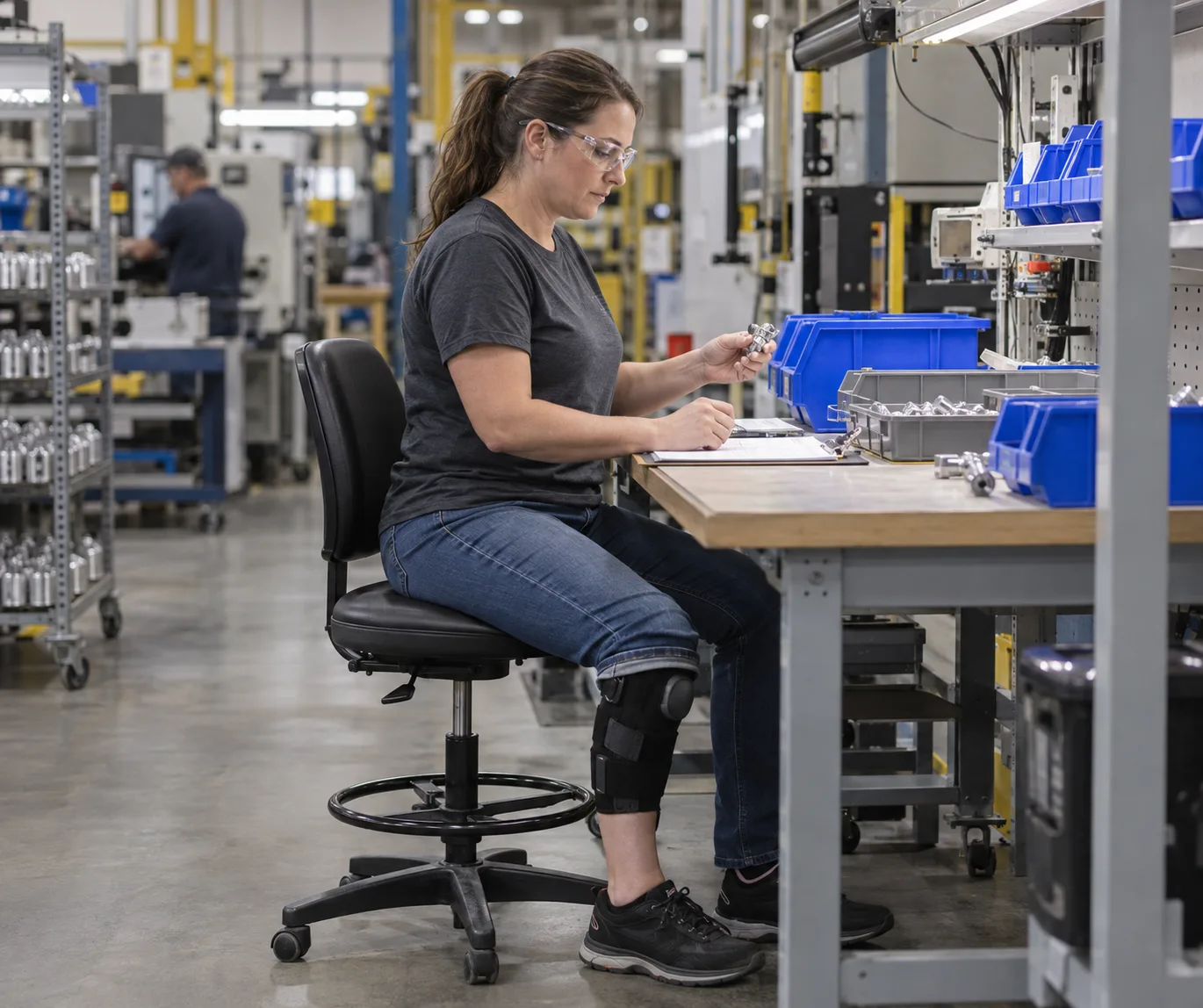 Indiana employee performing seated modified work while wearing a knee brace