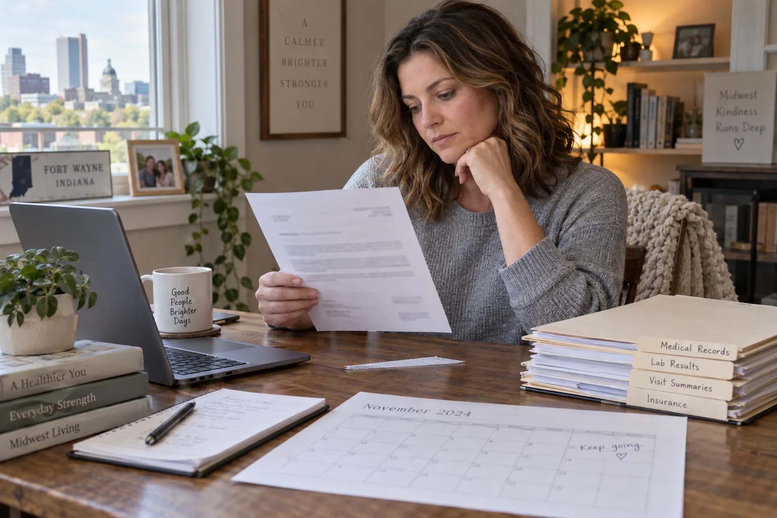 Fort Wayne worker reviewing a claim letter and knee-injury records