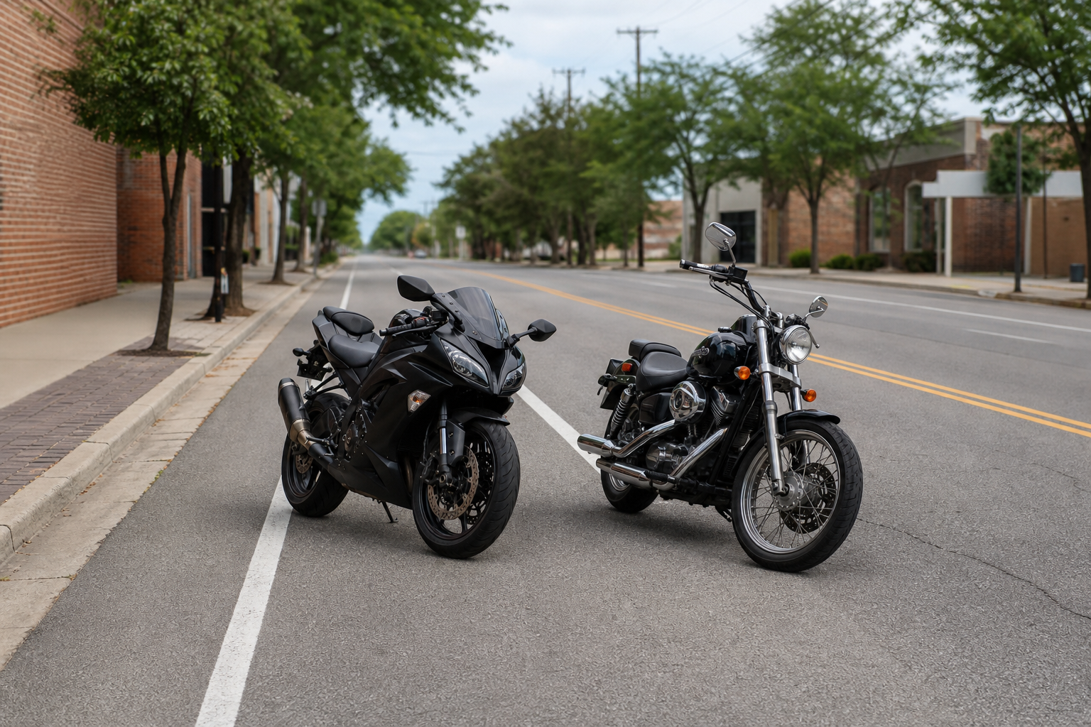Two motorcycles positioned side by side within a marked lane for lane sharing discussion