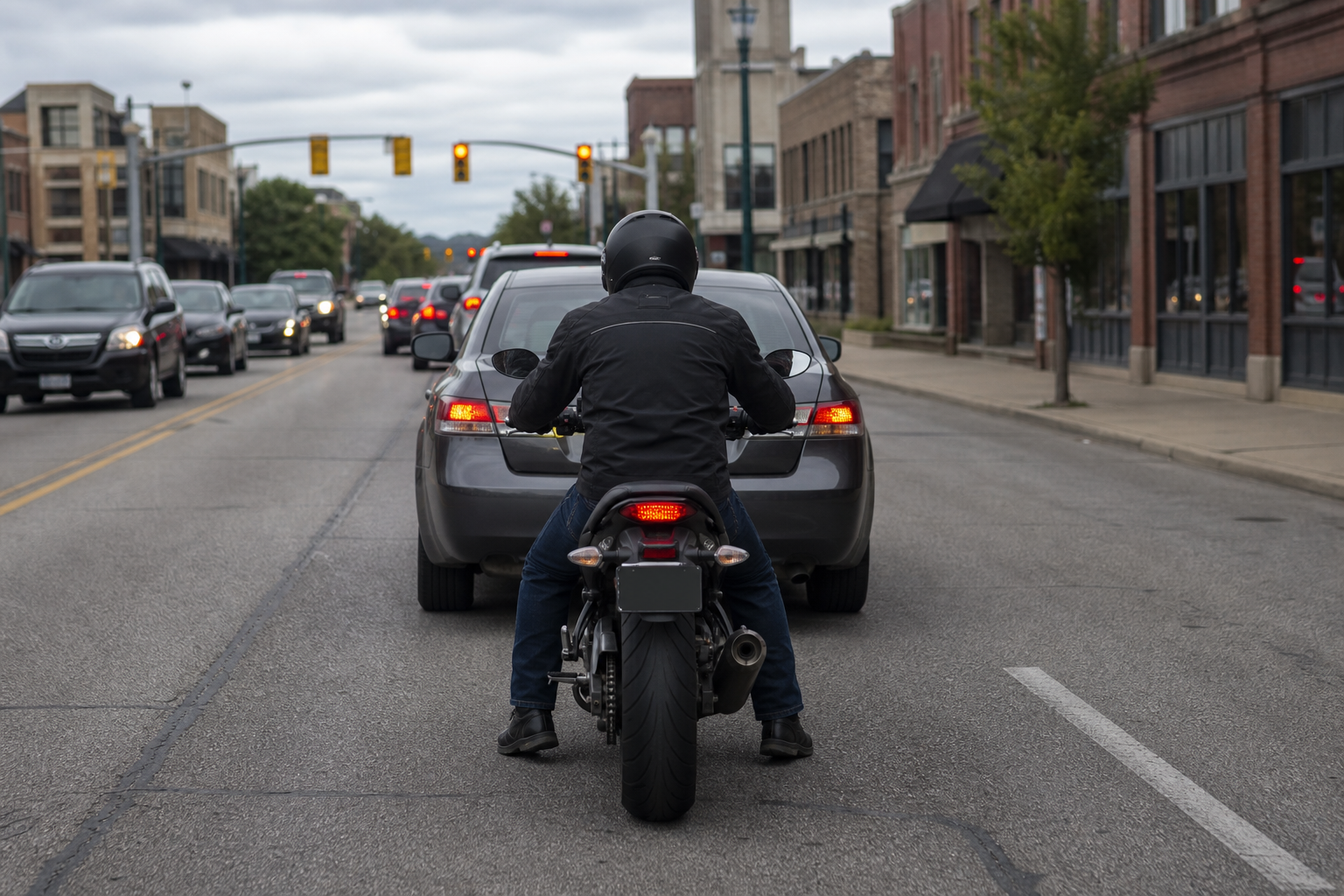 Motorcycle stopped within its lane behind traffic on Indiana street