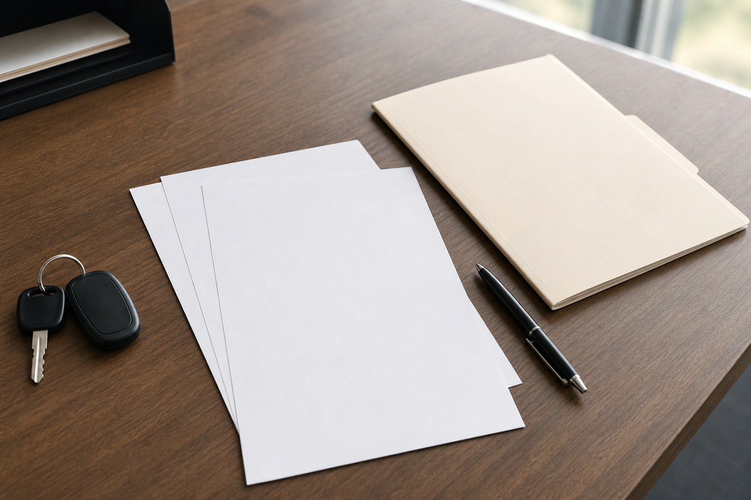 Blank motorcycle accident claim documents and motorcycle key on office table