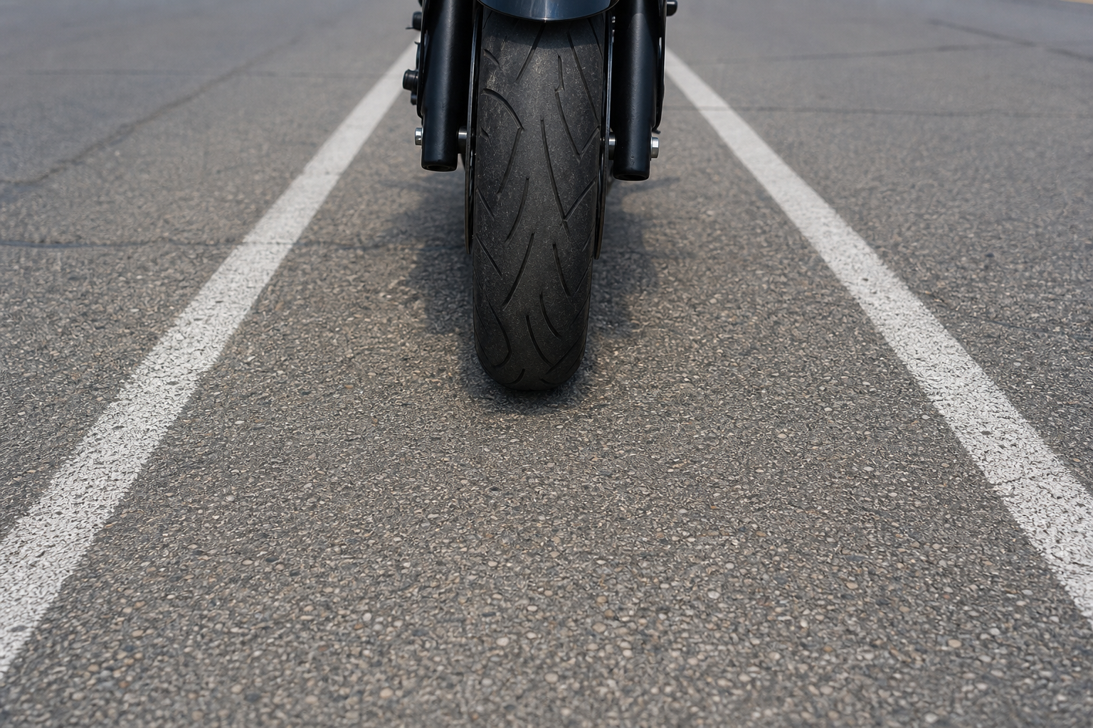 Motorcycle tire positioned fully inside marked lane lines on dry Indiana street
