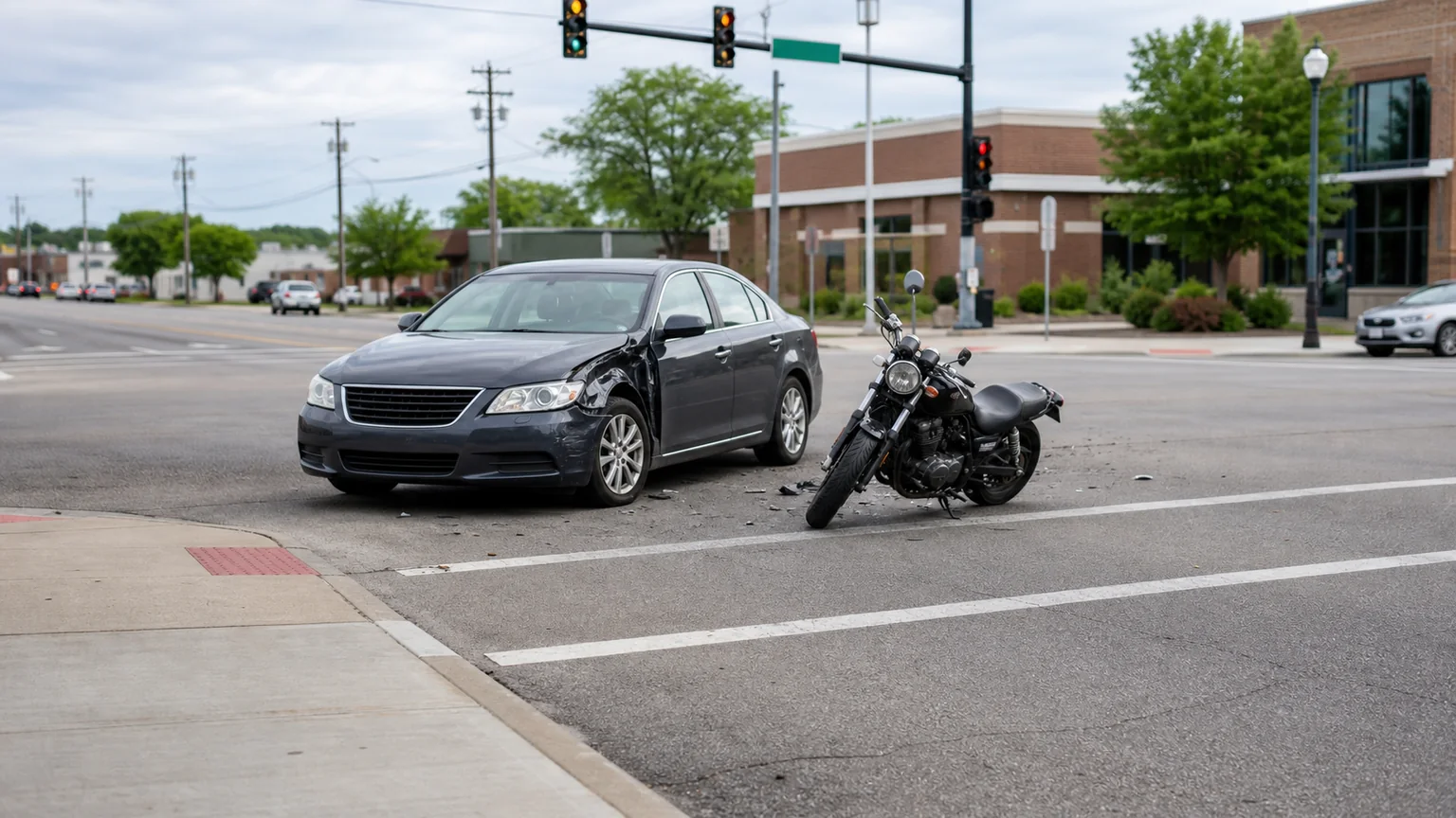 Motorcycle and sedan stopped after a left-turn collision at a Fort Wayne-style intersection