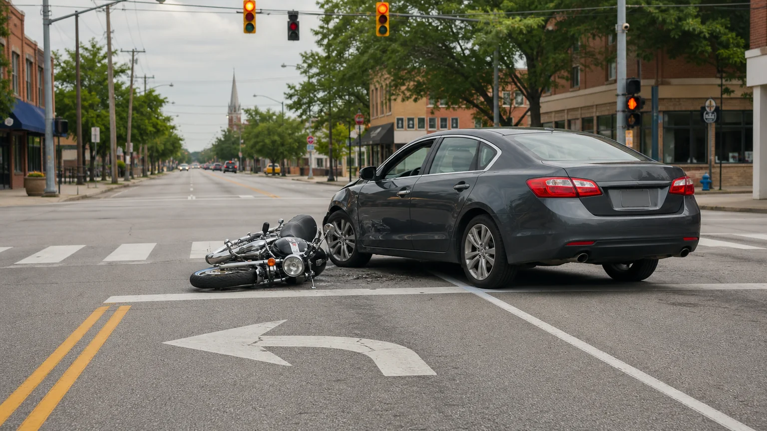 Motorcycle crash scene near a left-turn arrow and traffic signal after an Indiana intersection collision