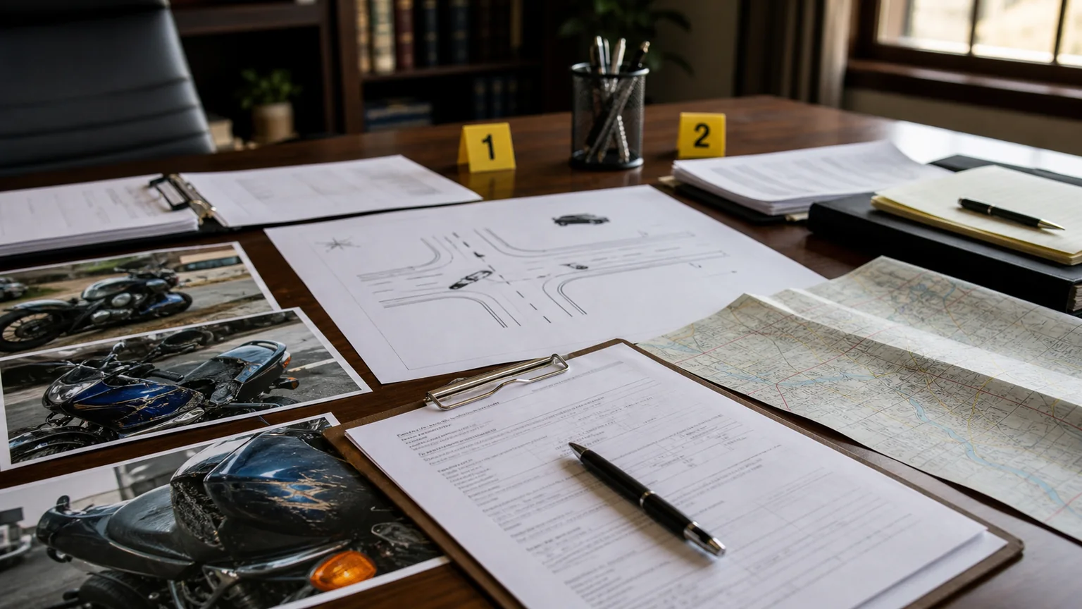 Motorcycle accident evidence file with intersection diagram, crash photos, and legal notes